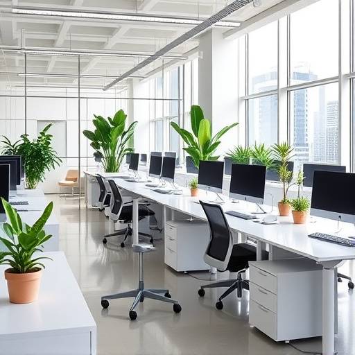 Foto dell'ufficio moderno e luminoso di Innovazione & Crescita a Milano, con scrivanie ordinate, piante e ampie finestre.