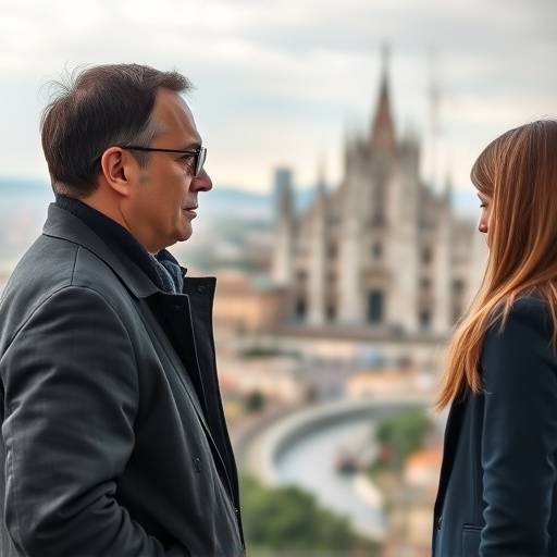 Un coach che guida un cliente durante una sessione a Milano, con lo skyline della citt&radic;&dagger; sullo sfondo, simboleggiando la crescita e il potenziale.