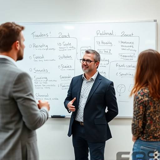 Un coach che guida un professionista attraverso una lavagna piena di idee e strategie.
