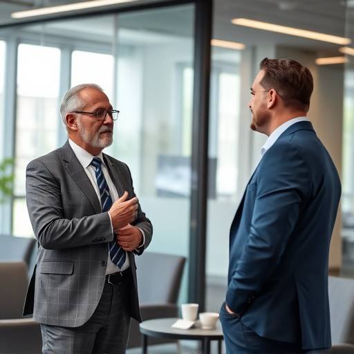 Un coach che parla con un dirigente d'azienda in un ambiente d'ufficio moderno.