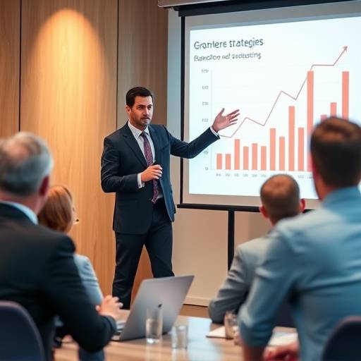 Un consulente aziendale che presenta strategie di crescita a un gruppo di dirigenti.