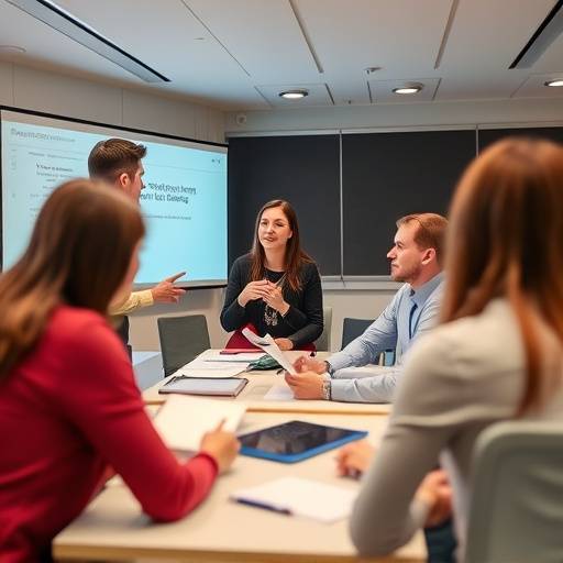 Un formatore che tiene un corso di sviluppo professionale a un gruppo di partecipanti.