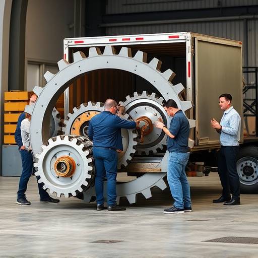 Un gruppo di persone che sposta insieme un grande ingranaggio, simbolo della gestione del cambiamento e della collaborazione aziendale.