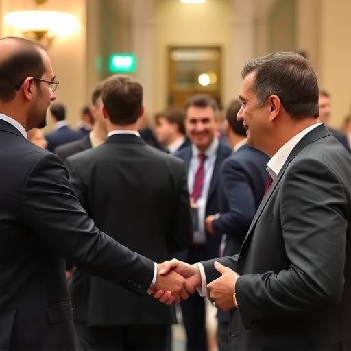 Un professionista milanese che stringe la mano a un altro durante un evento di networking, simboleggiando la costruzione di relazioni e opportunit&radic;&dagger;.