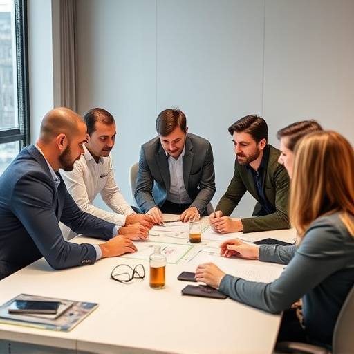 Un team aziendale che collabora attivamente durante una sessione di team building.