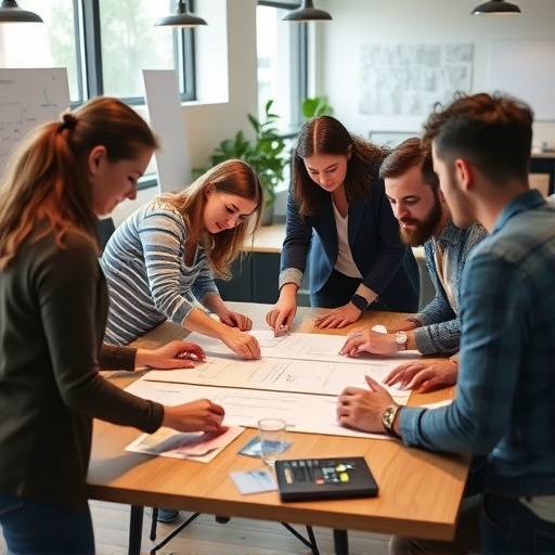 Un team di persone che lavora insieme su un progetto in un ufficio collaborativo.