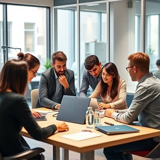 Un team di professionisti durante una sessione di brainstorming in un ufficio moderno e luminoso.